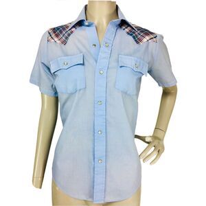 Vintage 50s 60s Rockabilly Western Cowgirl Plaid Shoulders Pearl Snap SS Top